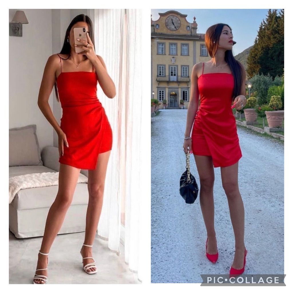 Zara Bloggers Favorite Red Satin Effect Side Rouched Mini Dress